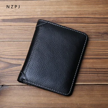 Тонкий мужской кожаный бумажник NZPJ, короткий кошелек, вертикальный держатель для карт из воловьей кожи, мужской кошелек для монет, держатель для банковских карт.