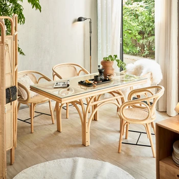 Обеденные столы из массива японского дерева Creative Homestay Обеденный стол и стулья из натурального ротанга для дома, ресторана, виллы