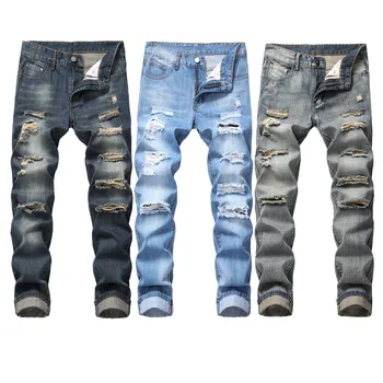 Горячая распродажа мужской одежды с дырками, прямой крой, джинсы без пуль и множество потрепанных мужских североамериканских брюк