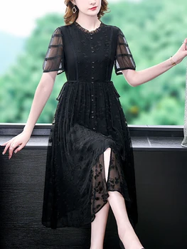 2023 Черное жаккардовое шелковое роскошное вечернее платье для вечеринки, Женское Корейское Винтажное платье для выпускного вечера от Хепберн, Летнее элегантное повседневное праздничное платье