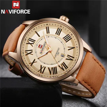 Мужские наручные часы NAVIFORCE, лучший бренд, Роскошные Золотые Водонепроницаемые Мужские часы из натуральной кожи, спортивные Военные Кварцевые Мужские часы, подарок 9126