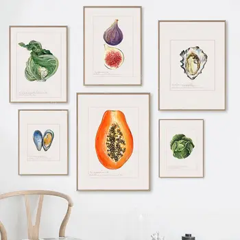 Кухонные настенные художественные плакаты Фига, Папайя, Устрица, капуста, холст, живопись, Винтажные принты с фруктами и овощами, картина для домашнего декора столовой