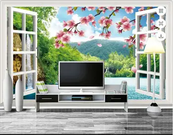 фото обоев 3d настенная роспись на заказ Окно, цветы, фон с видом на озеро гостиная домашний декор обои для стен 3d спальня